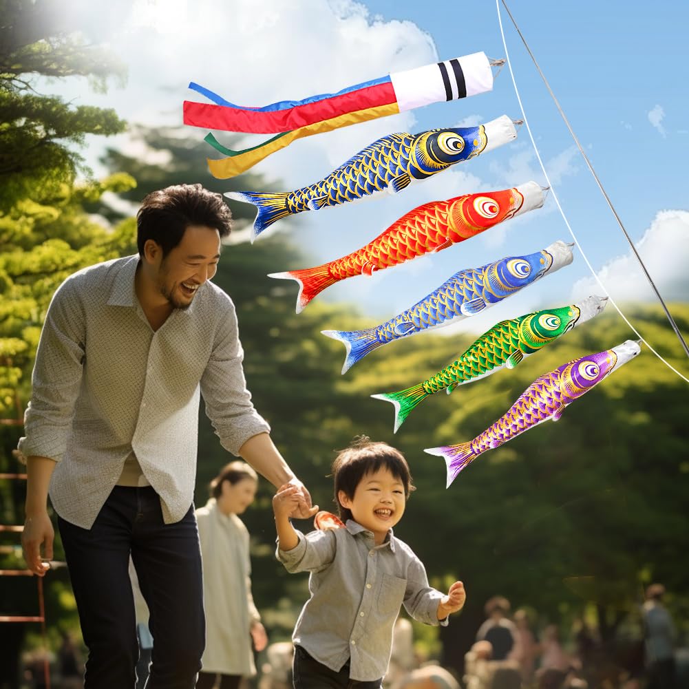 Karpfenbanner, Karpfenbanner, Blattgold, Mini-Karpfenbanner für Balkon, 5 Karpfen, Eigentumswohnung, 2m ausziehbarer Ständer enthalten, Banner 1,3m [Spezial