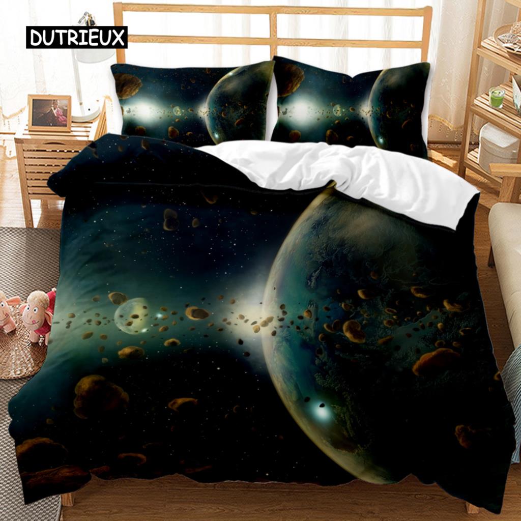 Planet Bed Cover Universe Single Size Bed Linen Kit Solar System Outer Space Quilt Cover Three-Dimensional Starry Sky Astronomy Sturdy Polyester Bed