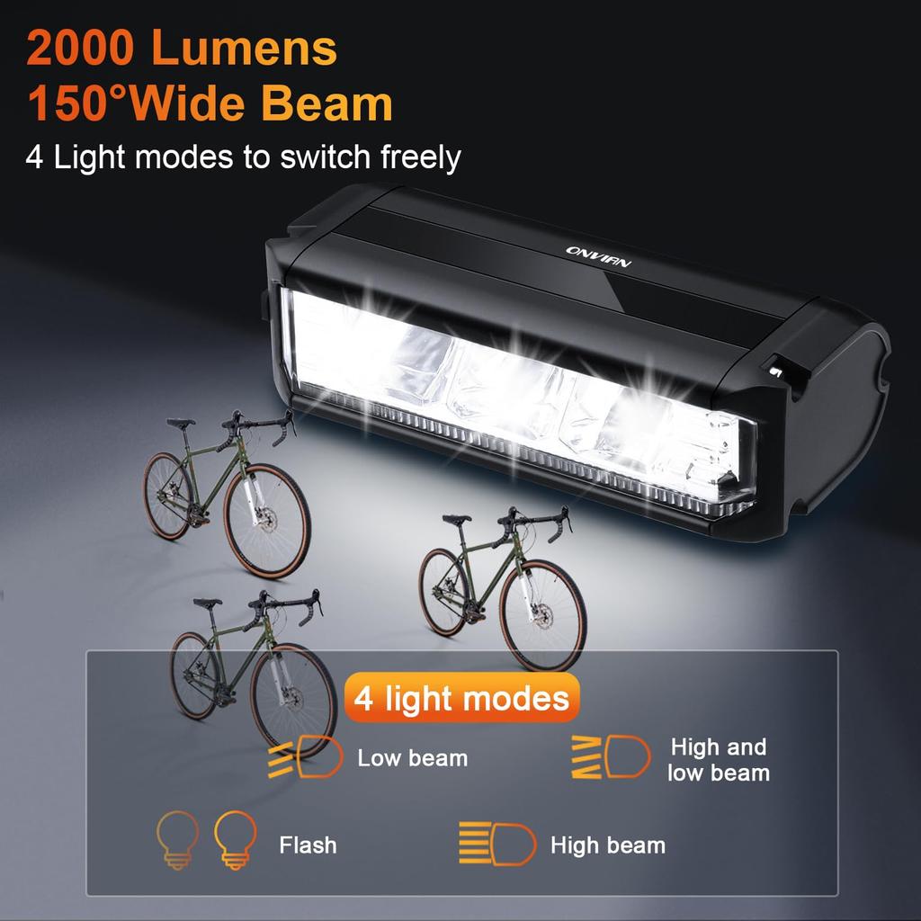 ONVIAN 2000 Lumen Bicycle 4 LED Bike Light Modes for Nighttime Sturdy Aluminum Alloy for Bike Quad Handlebar Accessory Headlight, Rechargeable, Ride,