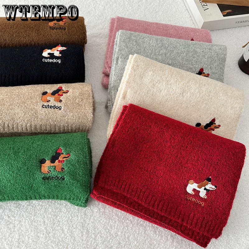 Women's Cute Little Dog Knitted Scarf Winter Embroidery Warm Student Scarf Neck Protection