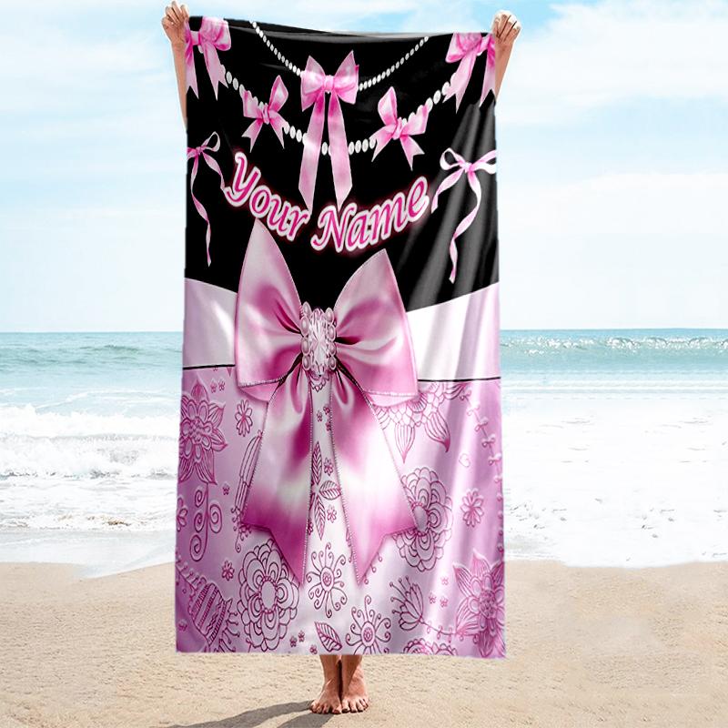 1PC Custom Name Pink Bow Elegance Beach Towel Highly Absorbent And Sand-Resistant Towel for Swimming, Pool, Yoga, And Travel Lightweight