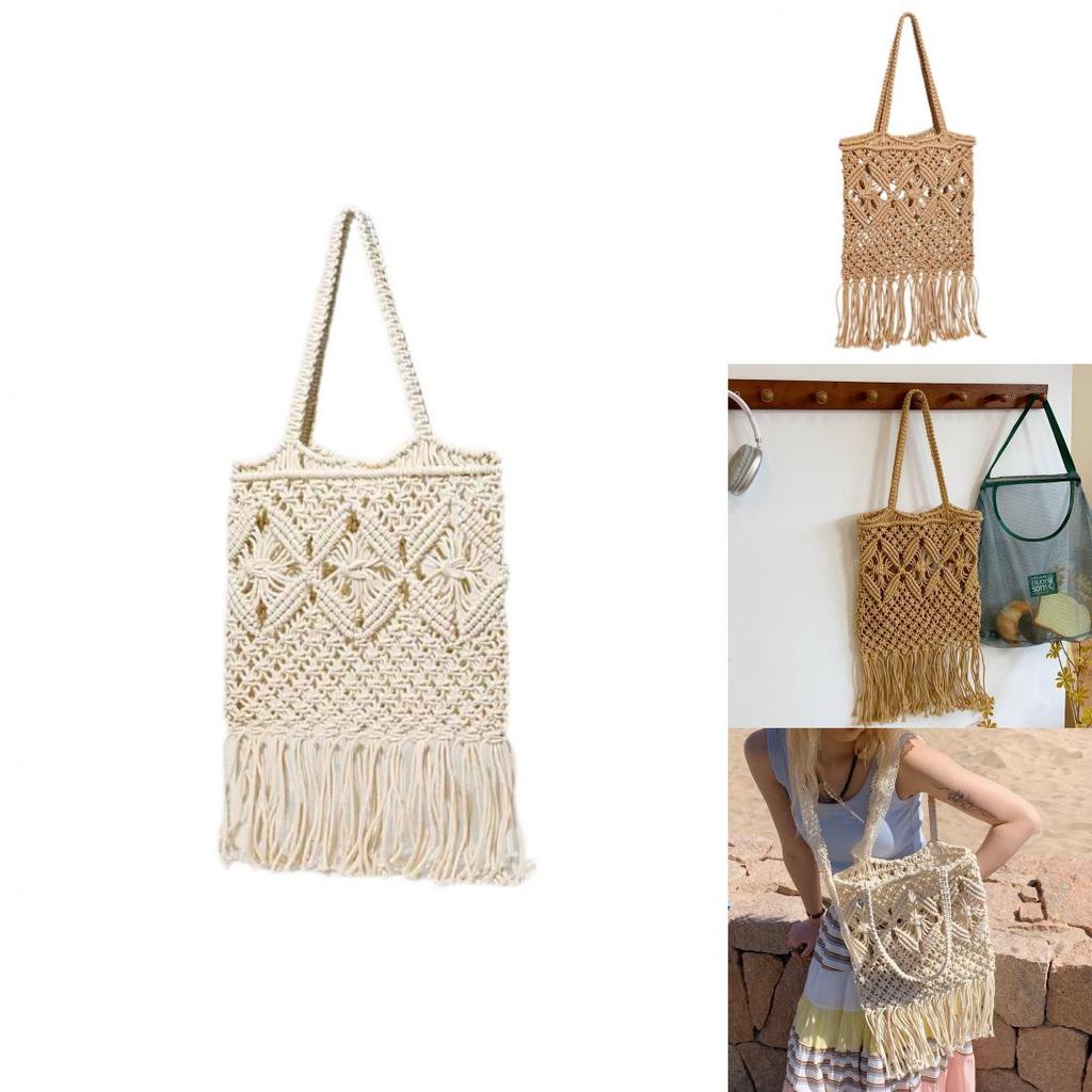 Bohemian Style Solid Color Large Capacity Women Casual Woven Bag With Tassels For Summer Beach Vacation Women