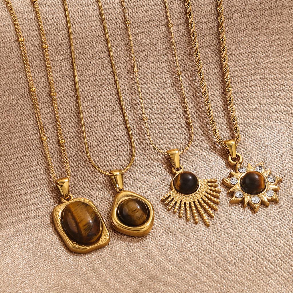 18K Stainless Steel Snake Bone Chain Maillard Tiger's Eye Square Necklace French Ins Style Retro Oval Gemstone Necklaces