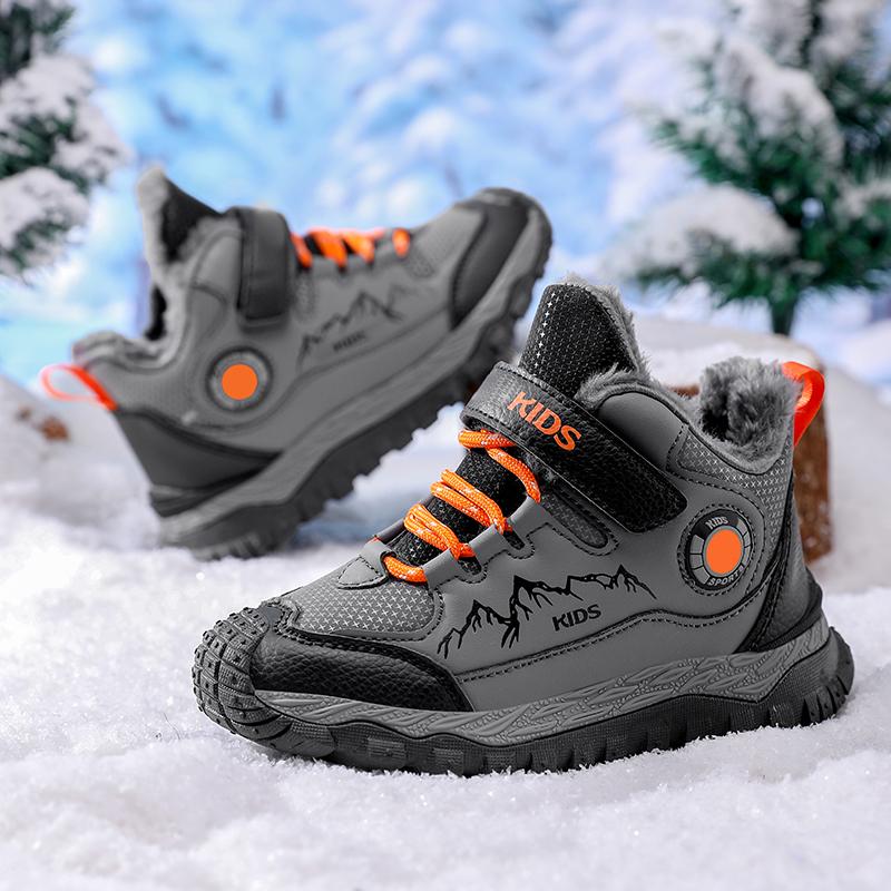 Winter Children's Fashionable Fleece Warm Outdoor High Top Cotton Boots Snow Boots Hiking Cotton Shoes 30-40