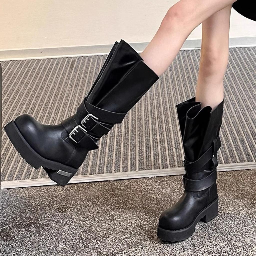 Bajia Retro Belt Buckle Venom Boots 2025 Summer New Bundle Mouth Big Tube Circumference Thick Bottom Heightening Punk Locomotive Boots