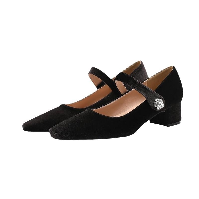 2025 Spring and Autumn Mary Jane Coarse Heel Single Shoes Women's Shallow Mouth One-word Buckle Strap Velcro Golden Velvet Retro Women's Shoes Larg