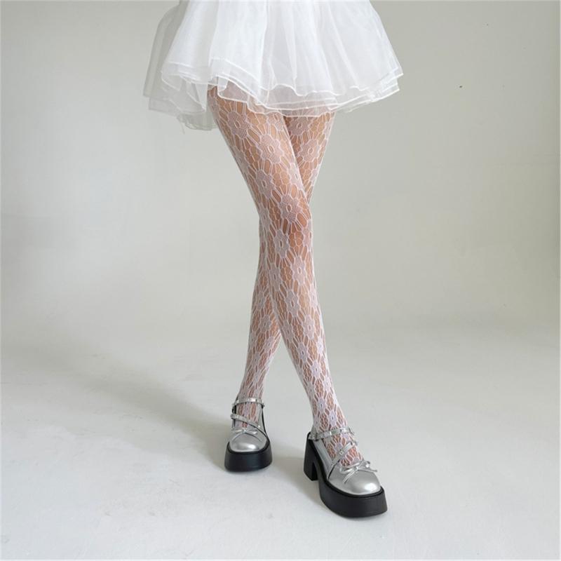 Elegant Lace Floral Hollowed Fishnet Pantyhose for Women's Japanese Aesthetic See Through Mesh Tights Stockings Hosiery