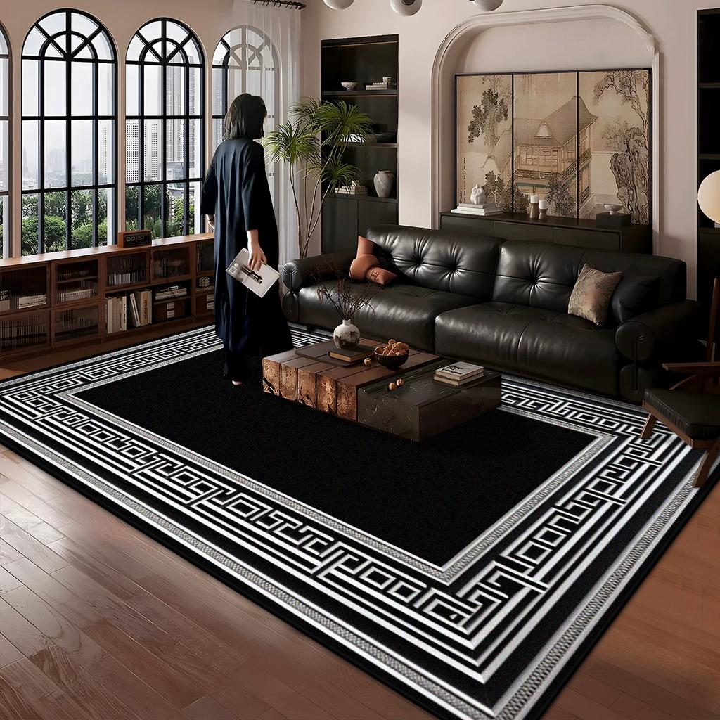 Chinese Style Border Design Carpet Large Area Living Room Antiskid Decoration Rugs Black Bedroom Washable Foot Mat Customizable