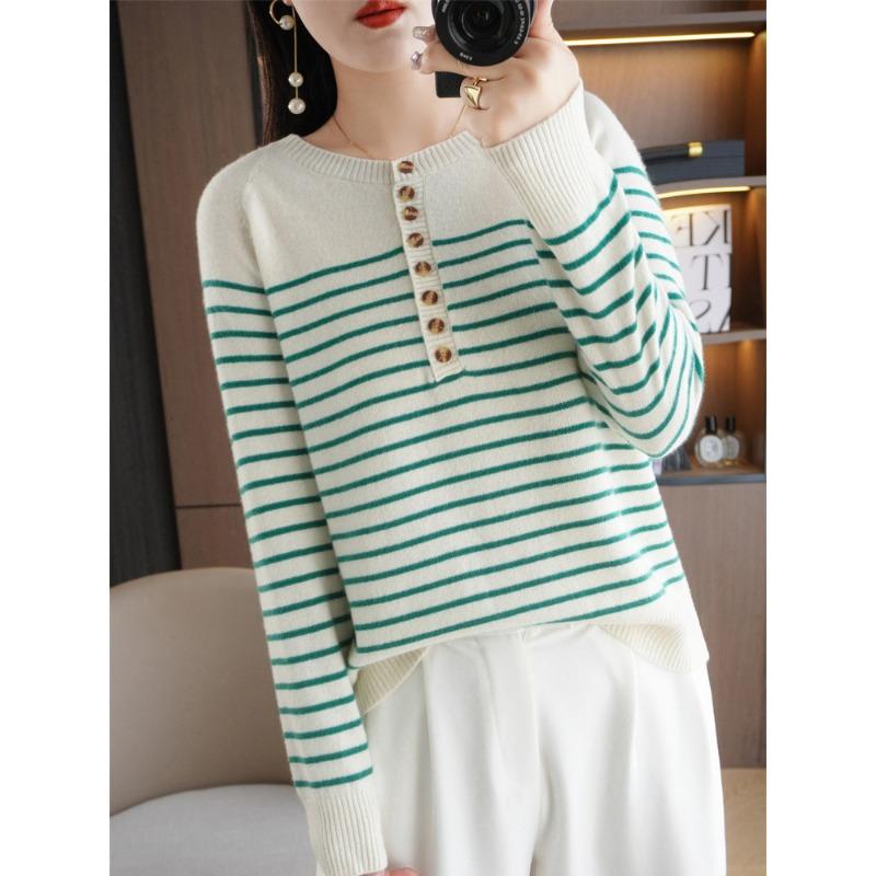 

Осень и зима новый полосатый свитер с круглым вырезом и пряжкой женский трикотажный топ с длинным рукавом контрастная полоска пуловер базовая рубашка XXL зелёный