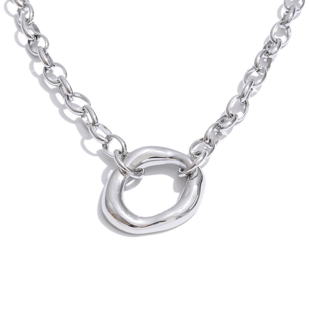 Yhpup Stainless Steel Metal Hollow Round Pendant Statement Necklace 16K Golden Platinum PVD Plated Daily Casual Collar Jewelry