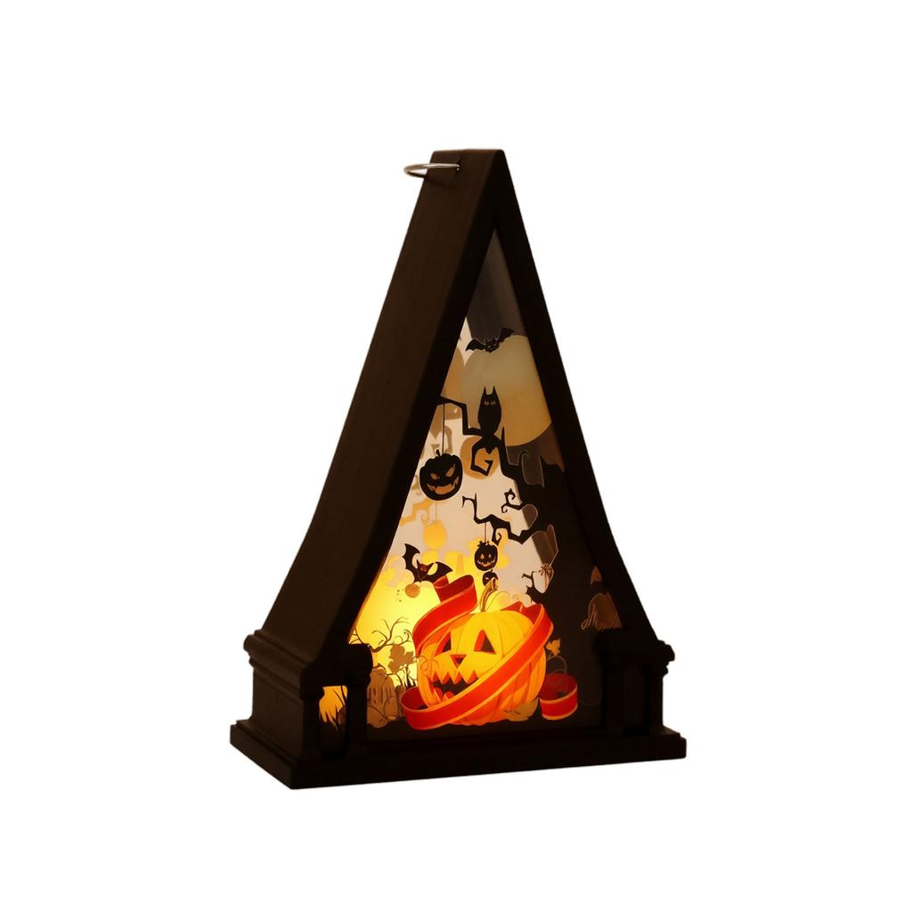 Halloween Night Light Decoration Tabletop Pumpkin Lantern with Triangular Frame and Cutout Design for Indoor Seasonal Display