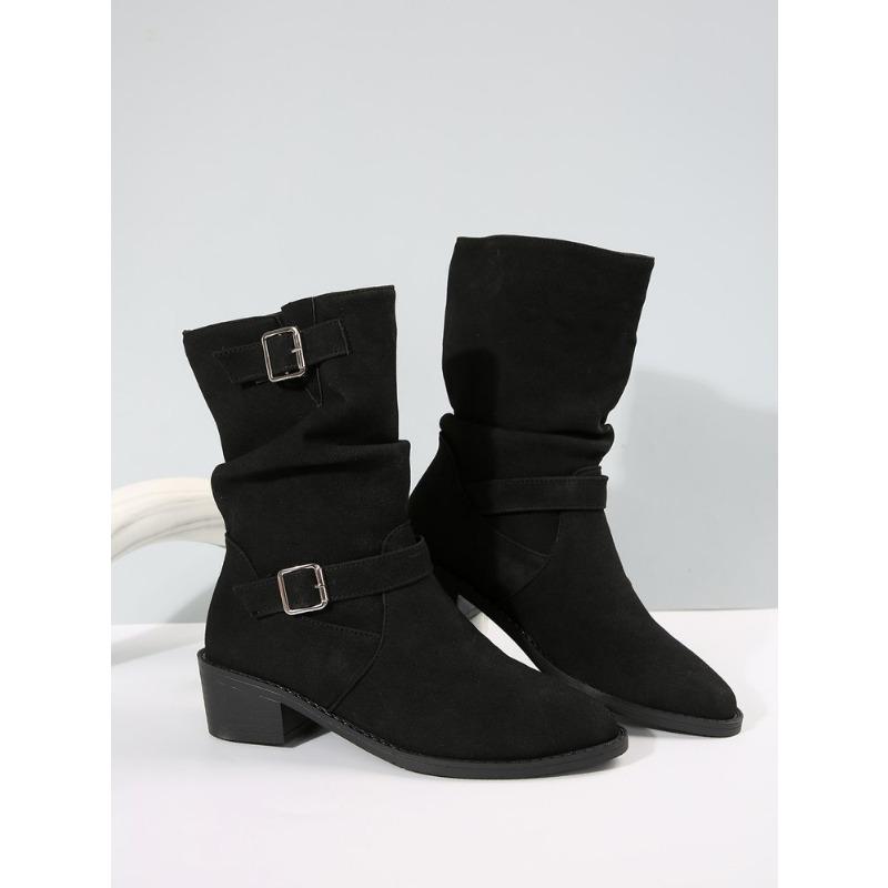 

Ботильоны в ковбойском стиле с квадратным каблуком большого размера и пряжкой, новинка осени и зимы, с круглым носком, универсальные, модные, женские 35 чёрный