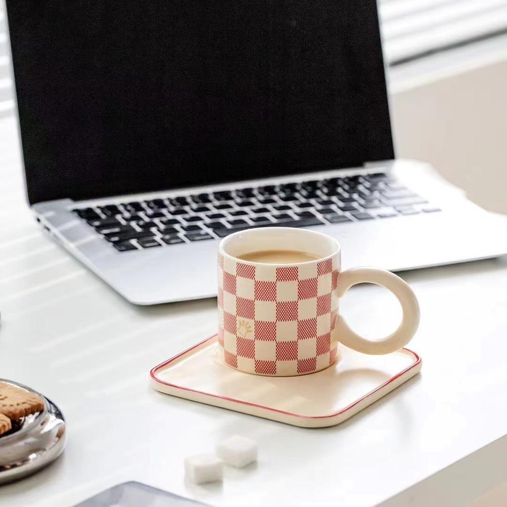 Nordic Ceramic Breakfast Cup Disk Set with Disk Ceramic Afternoon Tea Cup Checkerboard Ceramic Coffee Cup Disk Mug
