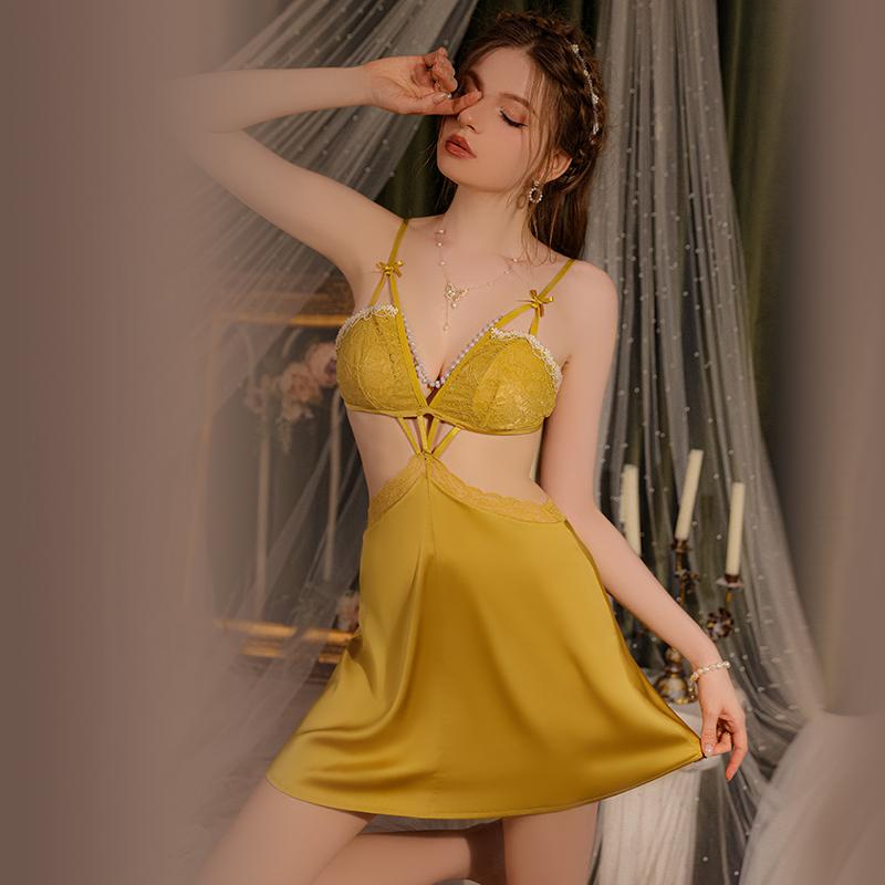 

Женский комплект нижнего белья, осенняя атласная кружевная пижама с жемчужной цепочкой и подушечками для груди, сексуальная пижама для женщин L