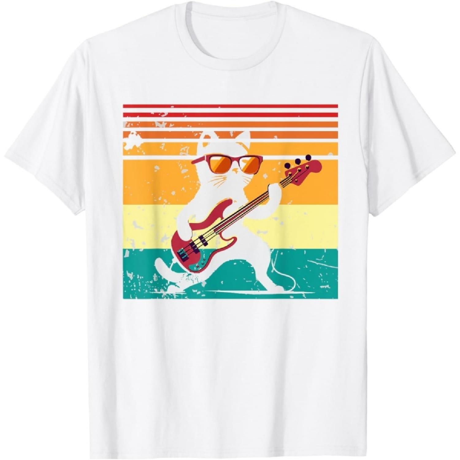 Cat Playing Bass Guitar Cute Cat Wearing Sunglasses Vintage T-Shirt XXXXXL белый