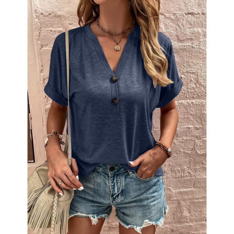 

Весна-лето Женская однотонная футболка с закрученной пряжкой и коротким рукавом XXL темно-синий