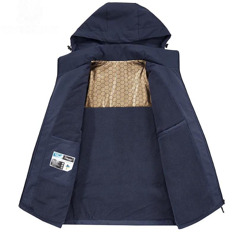 Winter Men Fleece Warm Outdoor Windproof Detachable Hooded Jacket Men Solid Zipper Waterproof Casual Fashion Jacket Male Coat