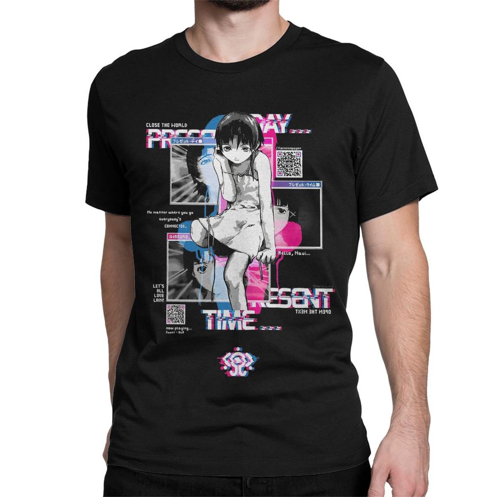Men Women T-Shirts Glitchart Serial Experiments Lain Crazy Pure Cotton Tees Anime Lwakura Sci Fi Manga Clothing 4XL 5XL 6XL
