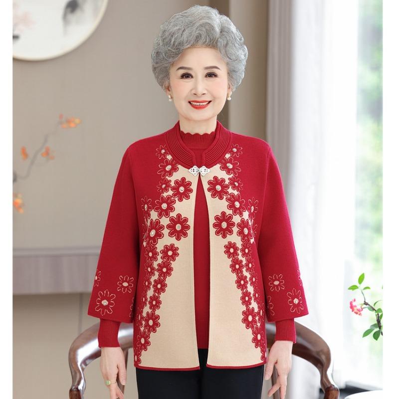 Middle-aged elderly women's winter velvet tops, mother's autumn clothes, wedding banquet, Tang clothes, cardigan, grandma sweater, two-piece set