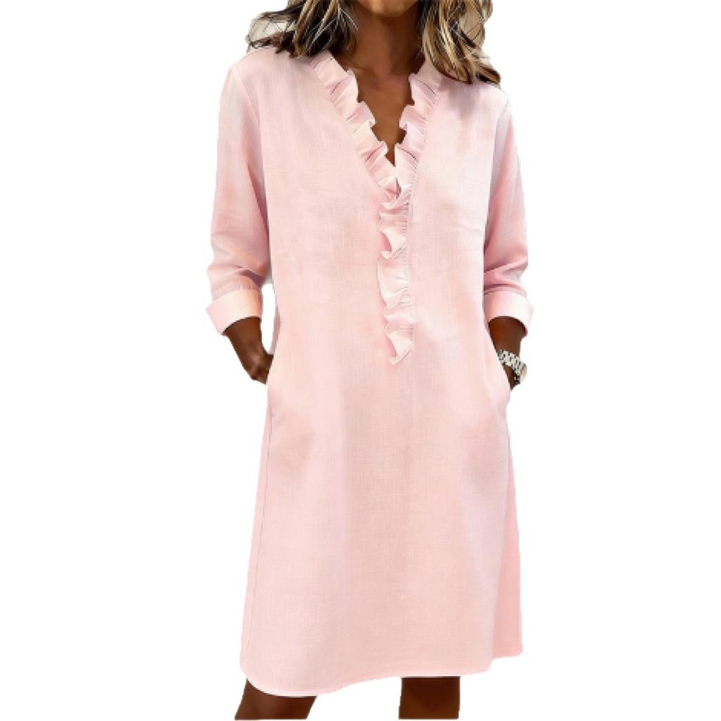 Damen Mode Lässiges Rüschen Langarm Baumwolle Leinen Hemdkleid