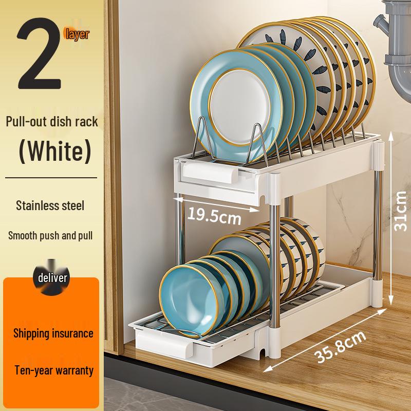 Tiered In-Cabinet Pull-Out Dish Rack for Plates and Bowls