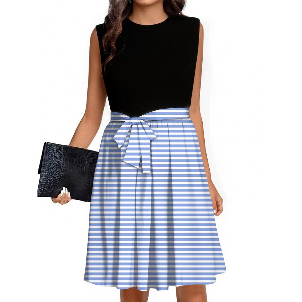 Women's Fashion Striped Printed Casual Lace-up Sleeveless Round Neck Splicing Short Dress