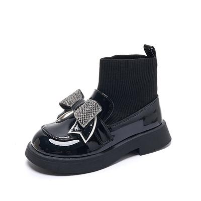 Children Ankle Boots for Girls Hook & Loop 2024 Glossy Simple Rhinestones Bow Casual Princess Sock Boots Casual Kids Fashion PU