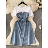 Younger Korean Style Dress French Denim Fake Two-Piece