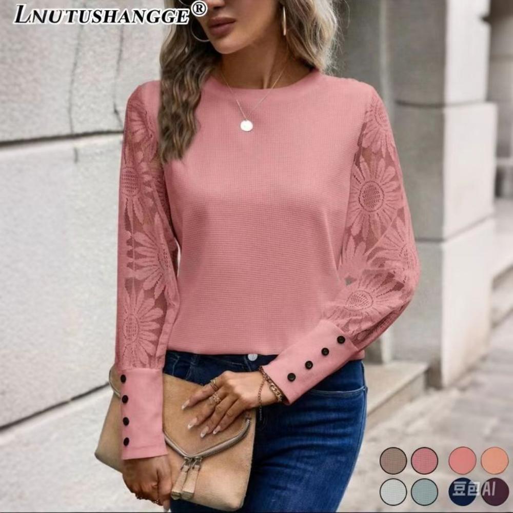 2024 Autumn Top European and American Solid Color Long Sleeve Embroidered Lace Splicing Waffle Round Neck Top Fashionabl Versatile