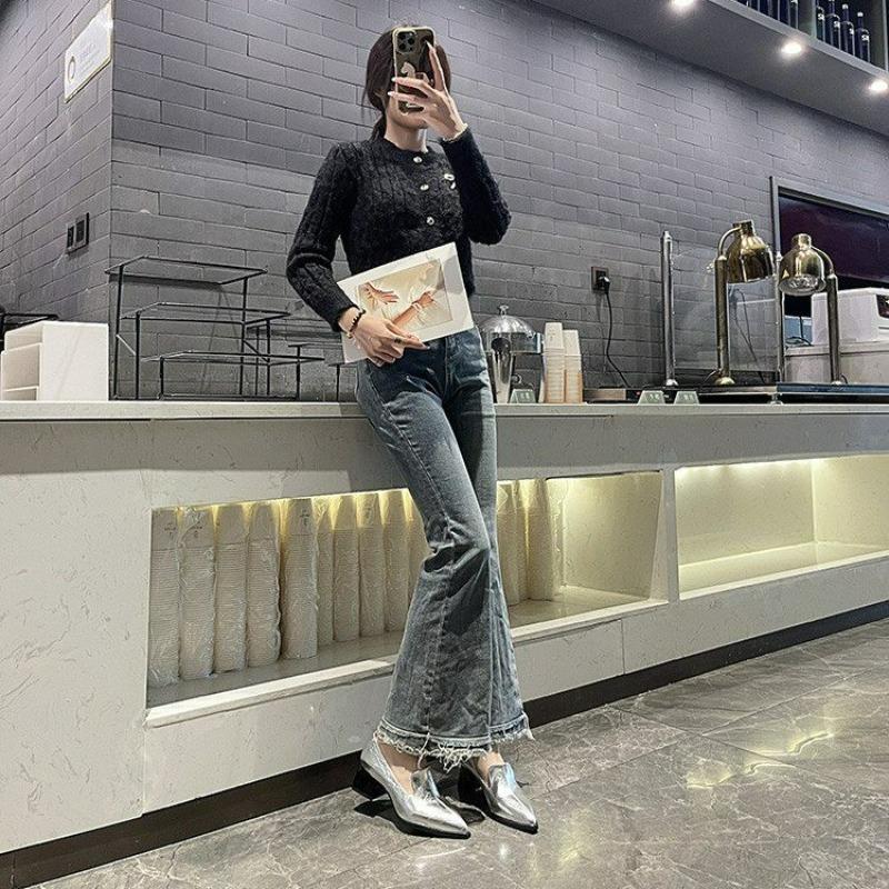 Pelle pu screpolata tacchi alti donna punta appuntita scollatura bassa scarpe singole moda primaverile nuove tacco spesso scarpe piccole in pelle