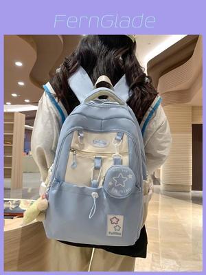 Youth College Style Backpack With Spliced Nylon Material And Features For Schoolgirls