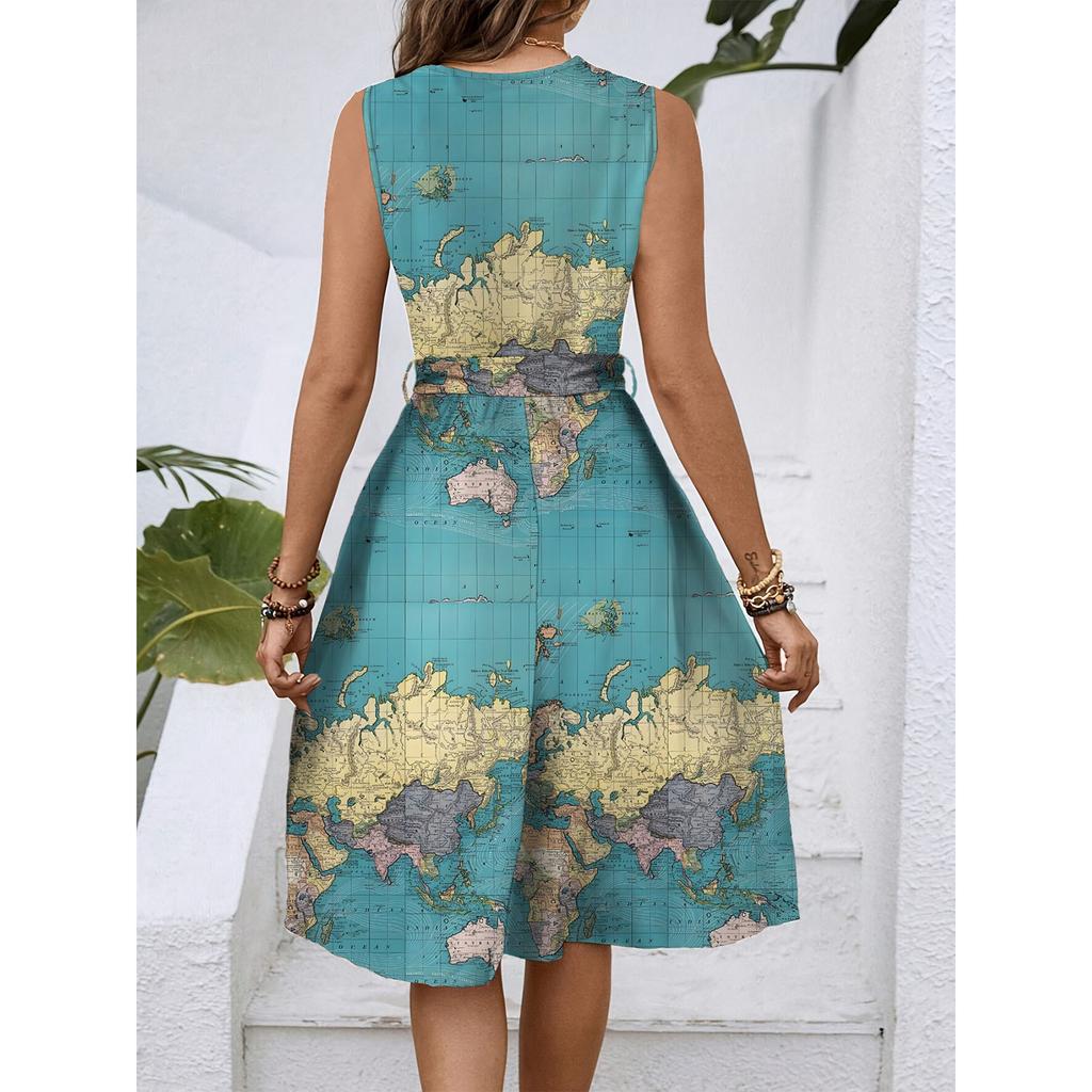 Women's Spring And Summer Casual V-Neck Sleeveless Waist Floral Print Midi Dress