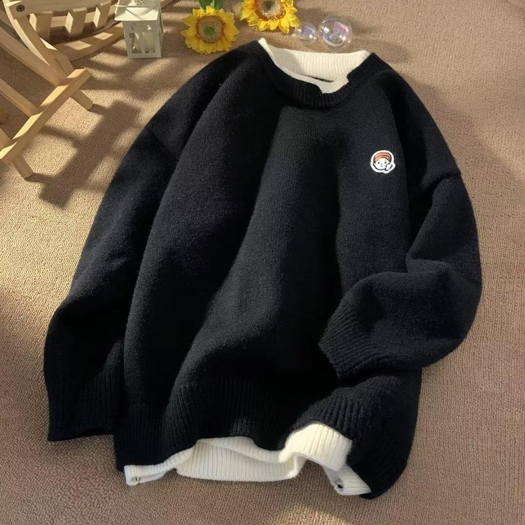 Men's Versatile Japanese-Style Two-Piece Look Sweater—Classic, Loose-Fit Round Neck Pullover