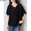 MODIQUE Spring Summer Plus Size New Women Loose Vintage Solid Black  Stripe Blouse Shirts Female Casual Oversize Short Sleeve V-Neck Top