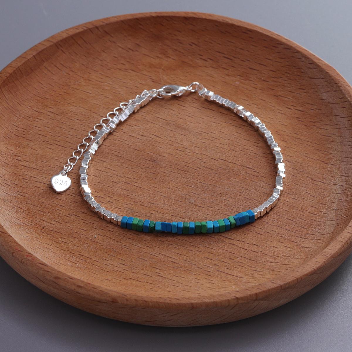 

PANJBJ 925 Sterling Silver Natural Turquoise Square Bead Bracelet For Women Gift Crushed Silver Jewelry Dropshipping