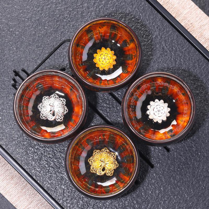 Inlaid Silver Kiln Glaze Master Cup Ceramic Teacup Kung Fu Tea Set Sterling Silver Tea Cup Jianzhan Master Cup Single Cup Tea Bowl