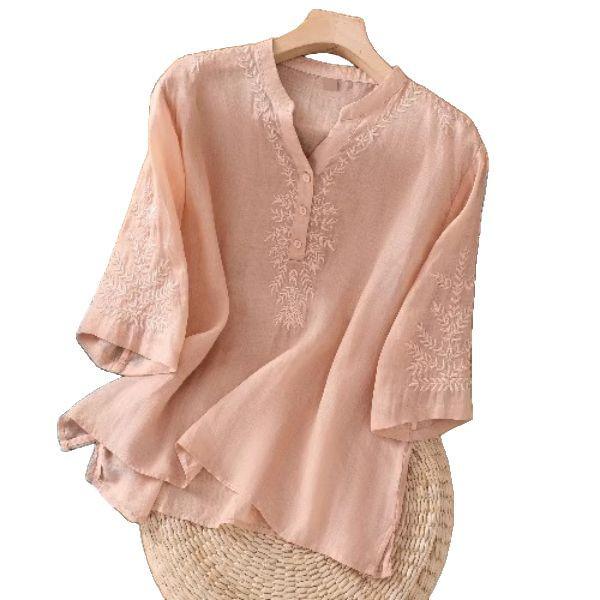 2025 Summer Women's V-Neck Cotton Linen Embroidered Loose Short Sleeve Plus Size Top
