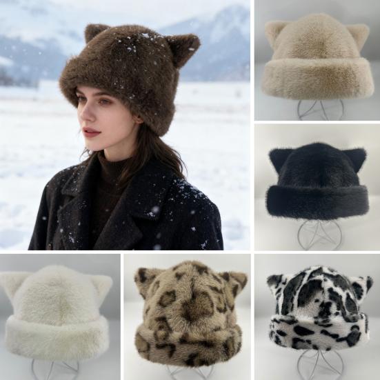Winter Hat Solid Color Bear Ear Decor Windproof Warm Knitted Hat Lightweight Breathable Thermal Hat Cold Weather Headwear