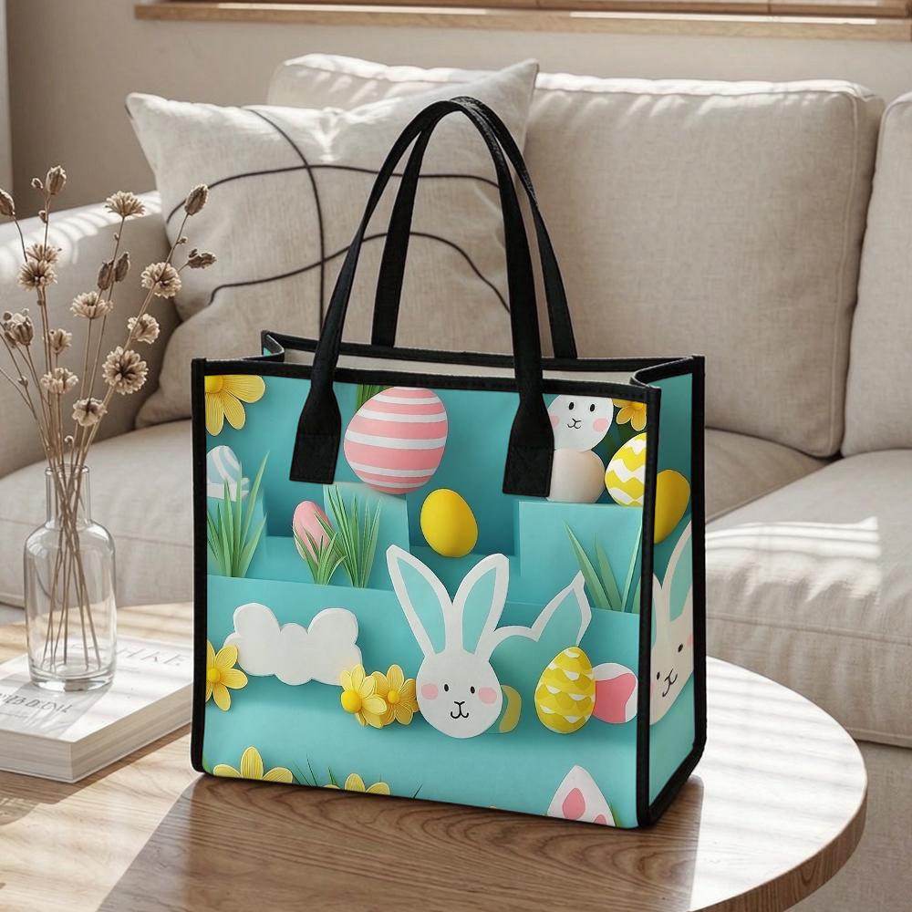 Cute Easter Bunny Pattern Tote Bag Portable Reusable Shopping Handbag for Daily Use