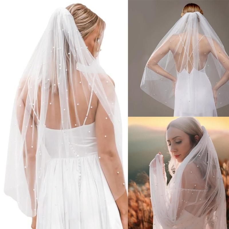 Beadwork Pearls Bridal Veil Soft Tulle Seethrough Head Veil with Easy Wear Hair Comb for Romance Wedding Photography