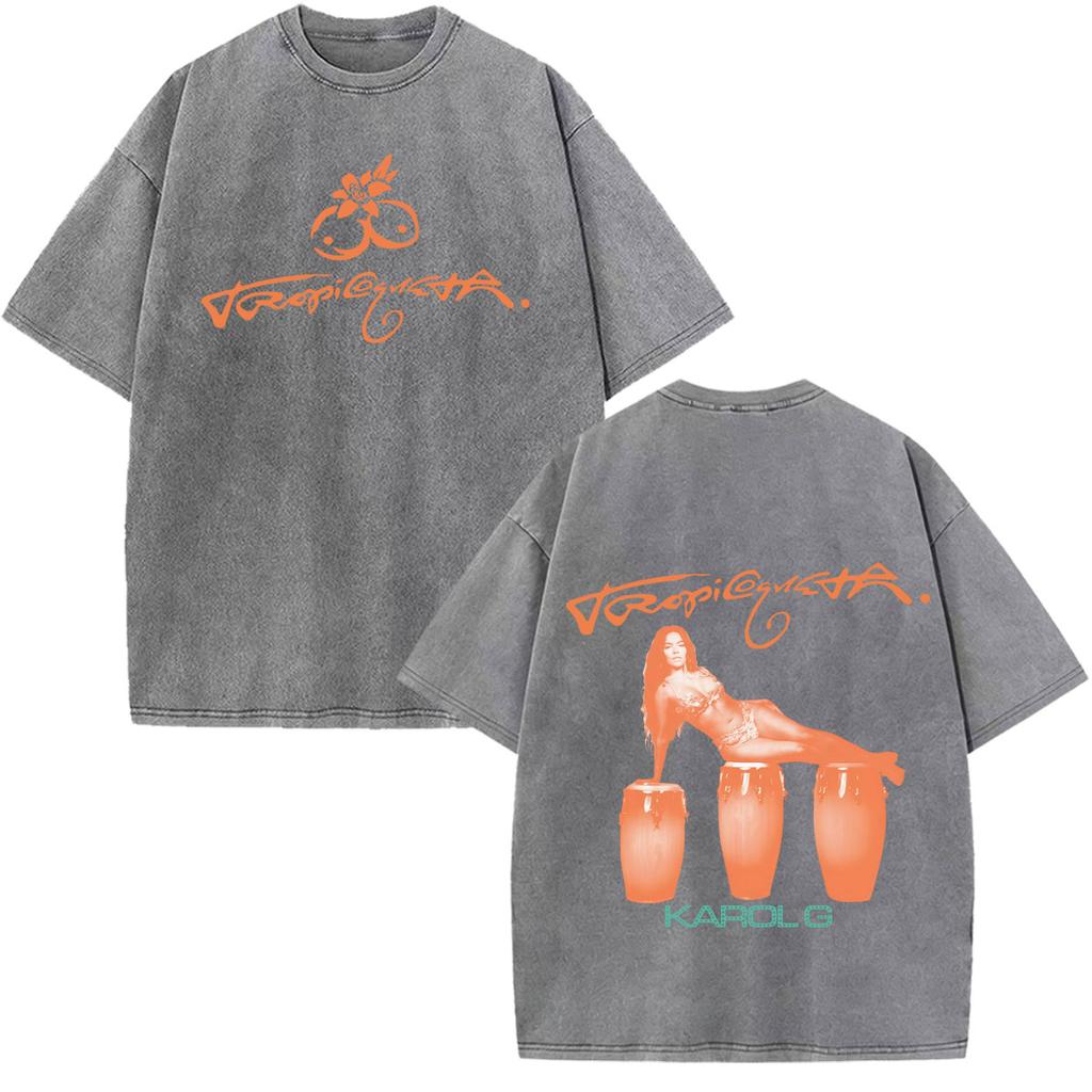 Karol G Viajando Por El Mundo Tropitour  Graphics T Shirt Unisex Women Fashion Cotton Loose Casual Vintage Washed Tshirts Tops