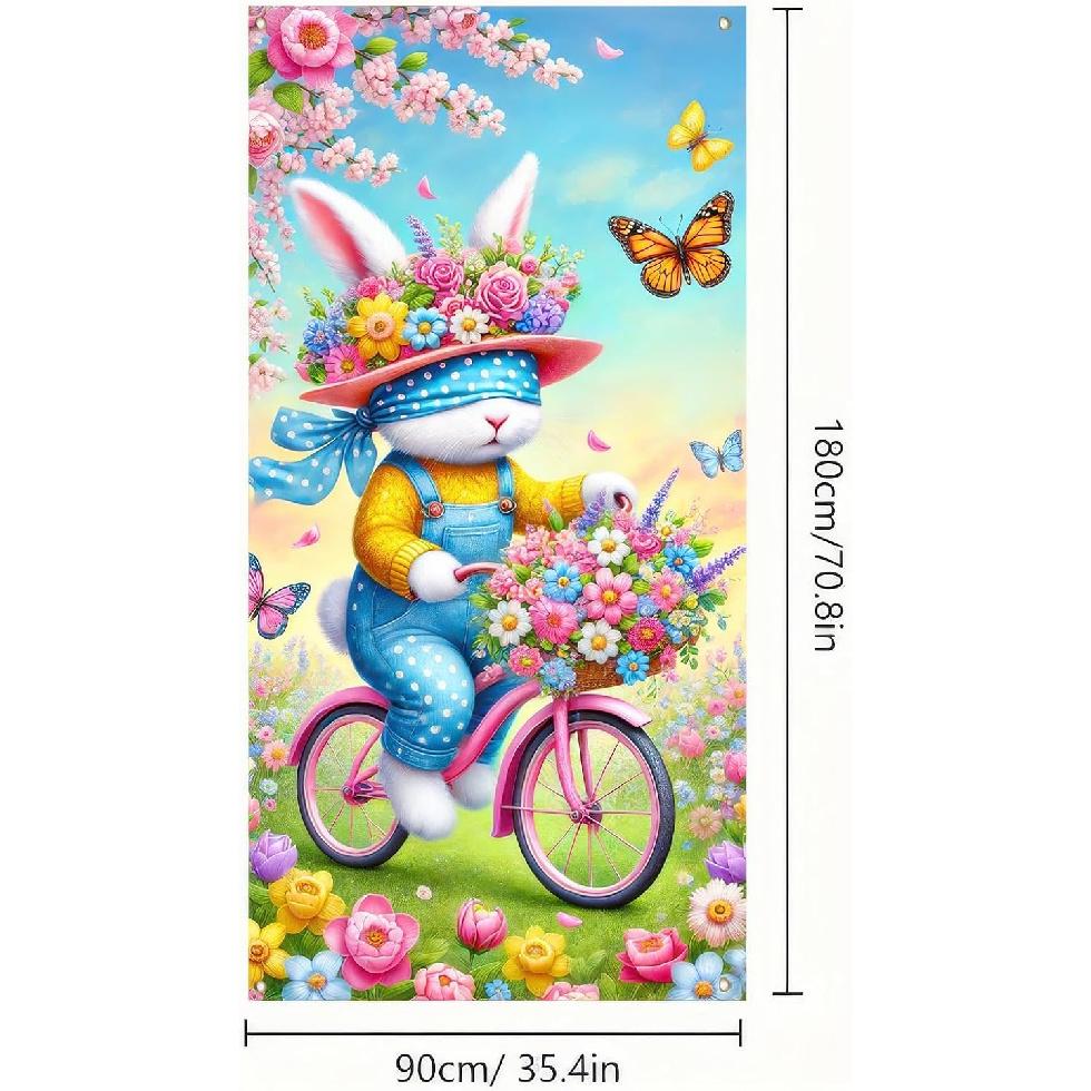 Spring Easter Door Cover 71x35 Inch Welcome Spring Door Banner Easter Bunny Door Decorative Colorful Flower Basket Rabbit Background for Spring