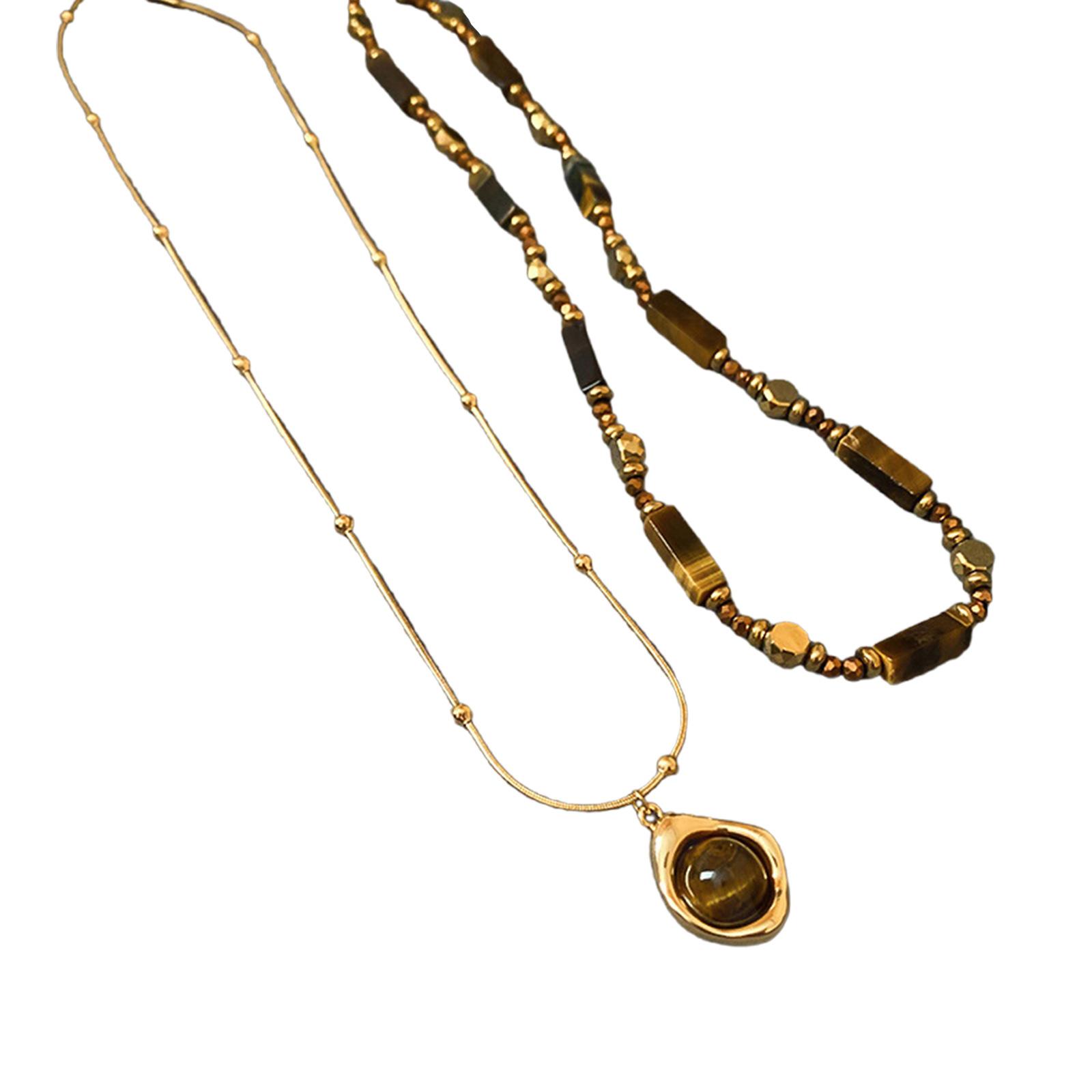 

Fashionable Double Layer Collarbone Necklace Featuring Tigers Eye Stone Pendant in Vintage Styles for Trendy Women