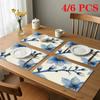 4/6pcs Rectangle Placemats - 18X12 Inches Watercolor Blue Floral Branch Decorative Painting Fresh Floral Art Hanging Painting 2D Element Pattern Desig