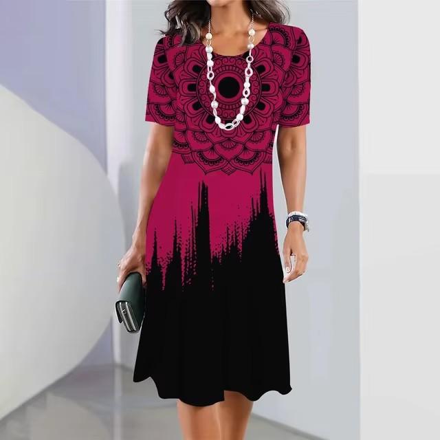 Elegante Abito Midi da Donna a Maniche Corte Moda Stampa 3D Taglie Forti Abbigliamento da Spiaggia