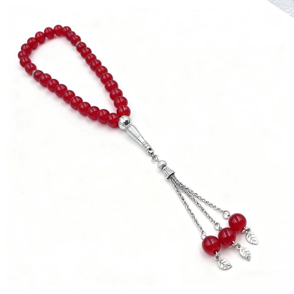 Multi-color Imitation Agate Glass Prayer Beads Bracelet with Silver Tassel - 33 Bead Ethnic Style Ornament.