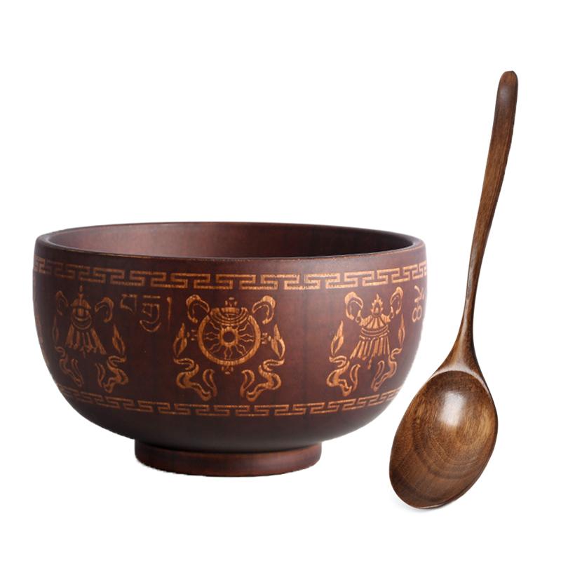 New Creative Bowl Spoon Tableware Set For Kitchen Item Utensils Wooden Auspicious Eight Treasure Pattern Dining Salad Home Dinne
