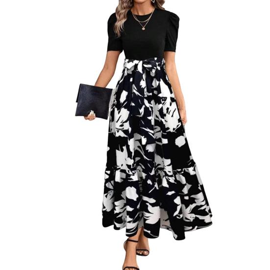 

Летнее платье Круглый вырез Короткий рукав Завышенная талия Длинное платье Сборка Лиственный принт Свободный подол XL черный белый