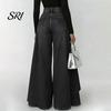 Simple Design Women Trousers Pants High Waist Buttons Zipper Closure Denim with Everyday Pockets Irregular Large Hem Wide Leg Solid Color Casual Loose