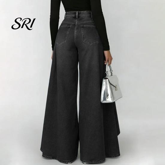 Simple Design Women Trousers Pants High Waist Buttons Zipper Closure Denim with Everyday Pockets Irregular Large Hem Wide Leg Solid Color Casual Loose